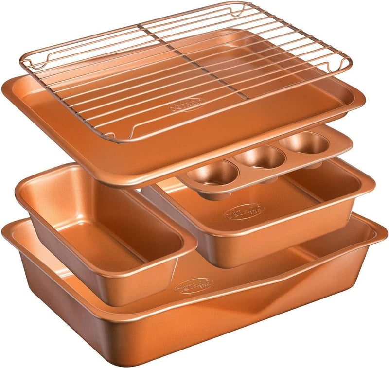 6 Piece Non-Stick Bakeware Set Includes Baking Pans, Cookie Sheet, Loaf Pan, Muffin Tin and More with Premier Ti-Cerama Copper Coating 100% PFOA Free