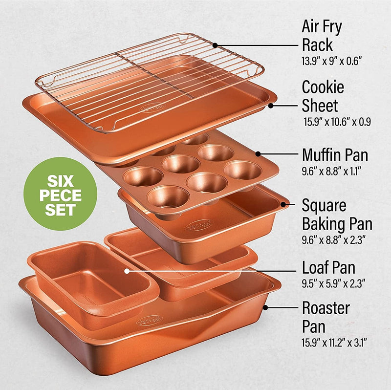 6 Piece Non-Stick Bakeware Set Includes Baking Pans, Cookie Sheet, Loaf Pan, Muffin Tin and More with Premier Ti-Cerama Copper Coating 100% PFOA Free