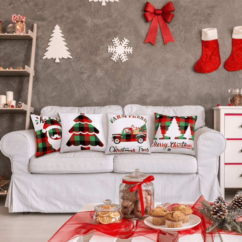 6 Pieces Christmas Throw Pillow Covers Christmas Tree Elk Christmas Truck Snowflake Buffalo Plaid Pillowcase Cushion Cover Decoration for Sofa Couch Bed Home Decor, 18 X 18 Inches (White, Red, Green)