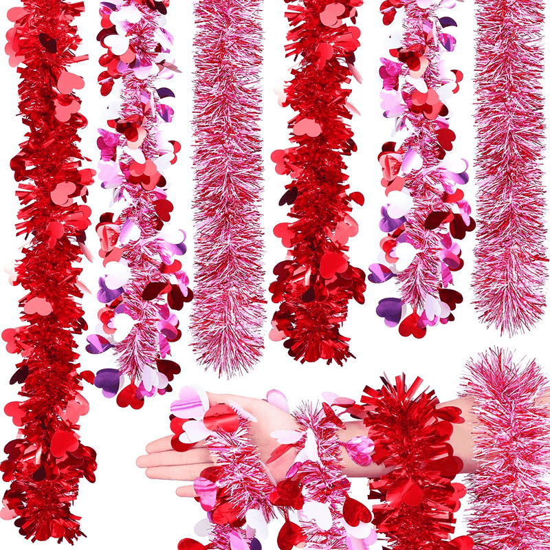 6 Pieces Valentine'S Day Tinsel Garland Red Heart Metallic Garland Decor Red and White Metallic Tinsel Twist Garland Valentines 6.56 Feet Heart Tinsel Garland for Wedding Party Decoration Supply