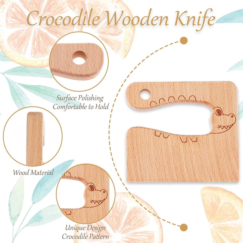 6 Pieces Wooden Kids Knifes for Real Cooking Include Toddler Knife Potato Slicers, Wood Kids Safe Knives Plastic Cooking Kitchen Tools Serrated Edges for Kids Kitchen (Crocodile)