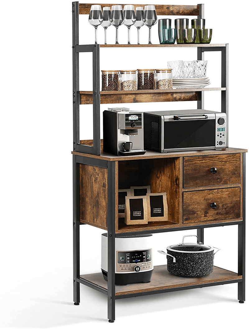 6-Tier Kitchen Bakers Rack with Storage, Coffee Bar Table with 2 Drawers, Microwave Oven Stand, Vintage Utility Storage Shelf for Spice Rack Organizer Workstation, Easy Assembly (Brown)