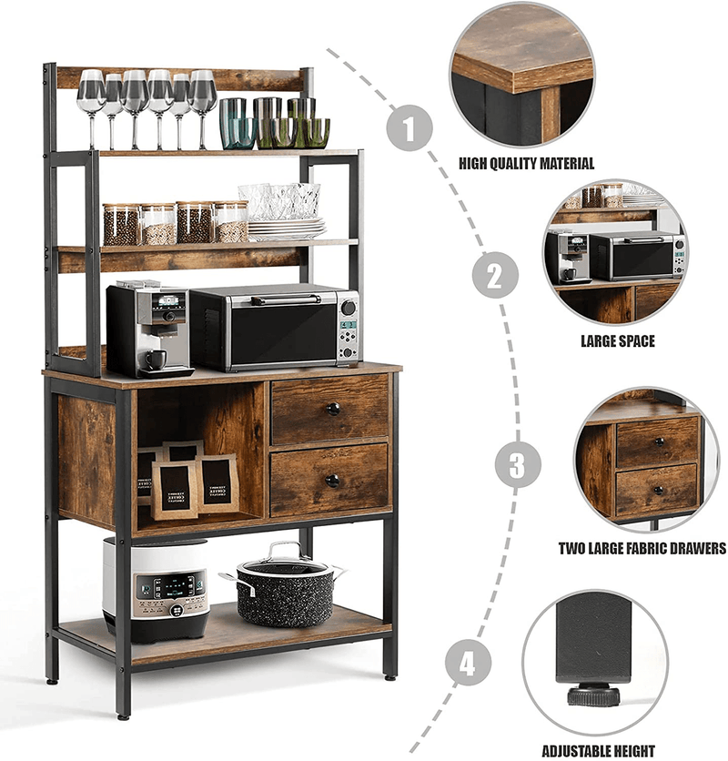 6-Tier Kitchen Bakers Rack with Storage, Coffee Bar Table with 2 Drawers, Microwave Oven Stand, Vintage Utility Storage Shelf for Spice Rack Organizer Workstation, Easy Assembly (Brown)