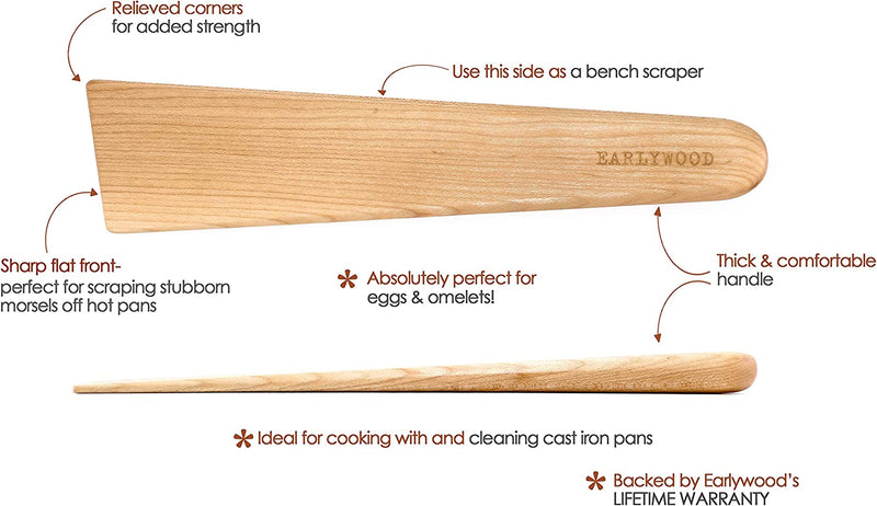Earlywood 10 Inch Handmade Wood Cooking Utensil for Kitchen, Multi-Purpose Wood Scraper and Egg Turner, Cast Iron Scraper and Wood Saute Spatula - Made in USA - Hard Maple