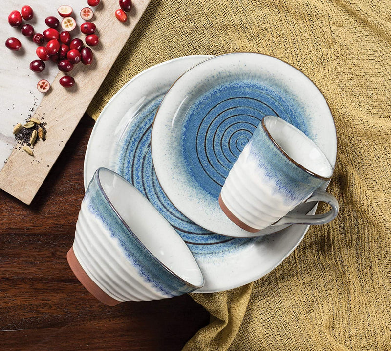 Sango Talia 16-Piece Stoneware Dinnerware Set with round Plates, Bowls, and Mugs, Dusk Blue