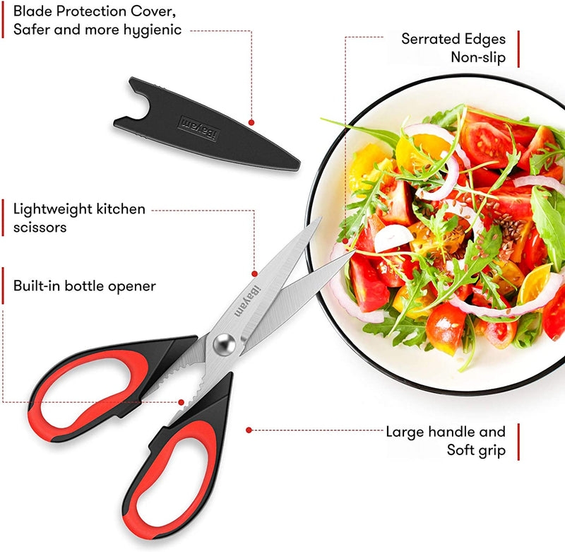 Kitchen Shears, Ibayam Kitchen Scissors Heavy Duty Meat Scissors Poultry Shears, Dishwasher Safe Food Cooking Scissors All Purpose Stainless Steel Utility Scissors, 2-Pack (Black Red, Black Gray)