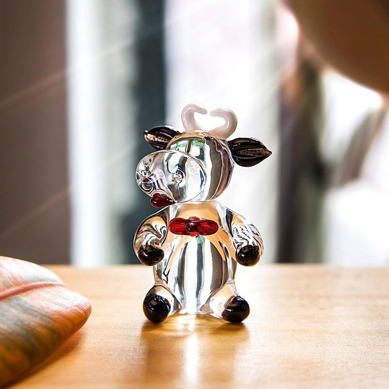 Qfkris 2.5'' Blown Glass Cow Figurine Collectibles Mini Handmade Black Art Glass Farm Animal DIY Craft Ornament Home Decor