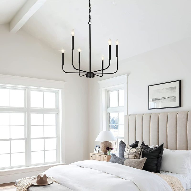 Farmhouse Chandelier, 6-Light Chandeliers for Dining Room Light Fixture, Vintage Black Candle Ceiling Pendant Light Fixtures for Bedroom Kitchen Island Living Room Hallway Foyer Entryway.
