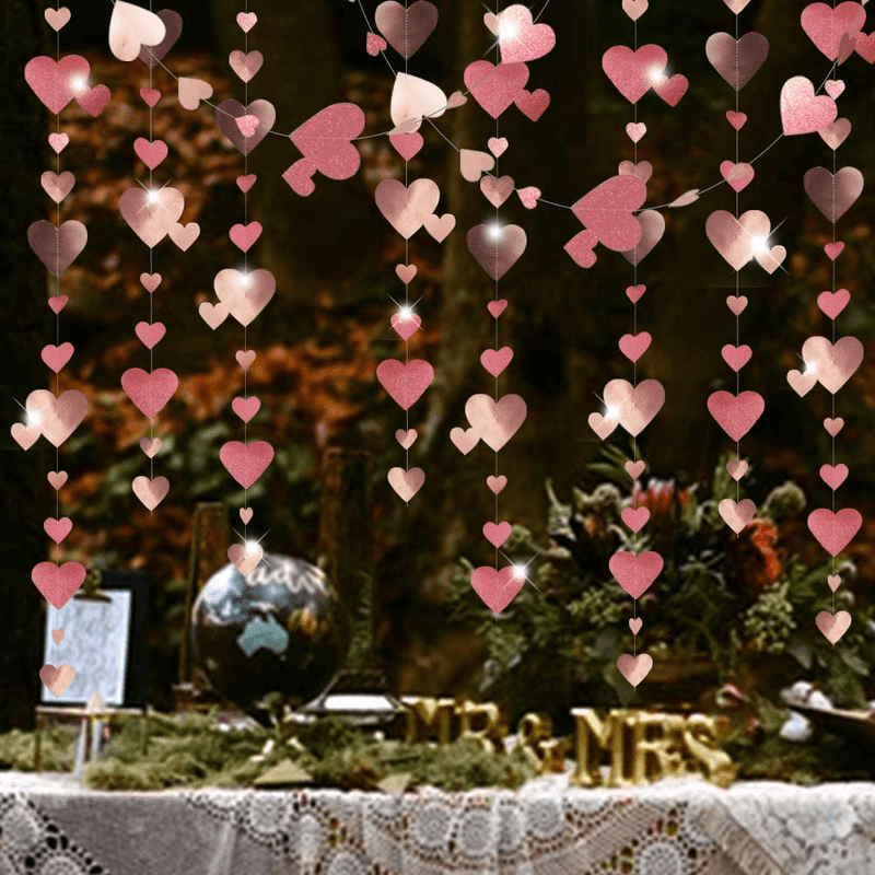 66 Ft Rose Gold Love Heart Garland Hanging Double Sided Glitter Metallic Paper Streamer Banner for Valentine'S Day Decoration Anniversary Bachelorette Engagement Wedding Bridal Party Supplies,5 Packs