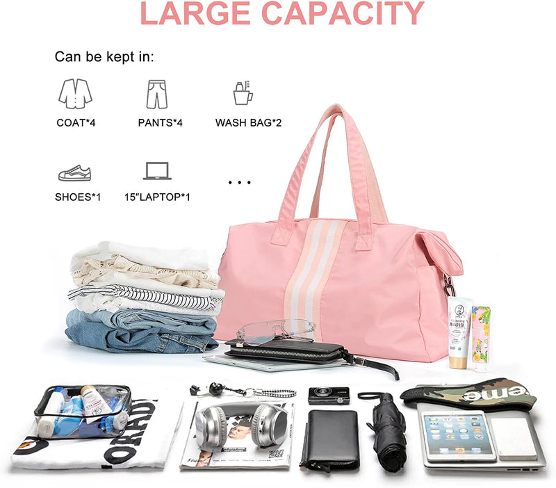 Gym Duffel Bag for Women, Sports Travel Bag with Wet Pocket, Weekender Overnight Bag for Ladies Girls Travel, Gym, Yoga, School Dance Bag for Weekend Pink