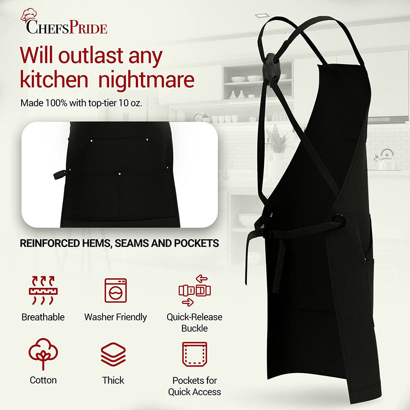 Professional Grade Chef Apron for Cooking, Kitchen, BBQ, and Grill (Black) with Towel Loop + Tool Pockets + Quick Release Buckle, Adjustable M to XXL- Mens, Womens Aprin