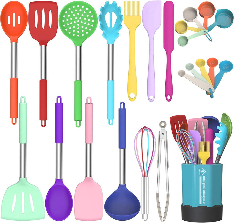Silicone Cooking Utensil Set, Fungun Non-Stick Kitchen Utensil 24 Pcs Cooking Utensils Set, Heat Resistant Cookware, Silicone Kitchen Tools Gift with Stainless Steel Handle (Khaki-24Pcs) …