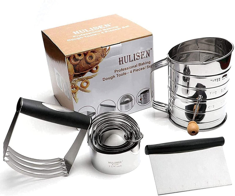 HULISEN Pastry Cutter, Dough Blender, 3 Cup Flour Sifter and Biscuit Cutter, Stainless Steel Dough Cutter, Professional Baking Dough Tools for Cooking Cookies and Donuts(4 Pcs/Set)