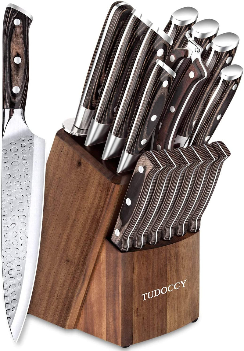 Kitchen Knife Set, 16-Piece Knife Set with Built-In Sharpener and Wooden Block, Precious Wengewood Handle for Chef Knife Set, German Stainless Steel Knife Block Set, Ultra Sharp Full Tang Forged