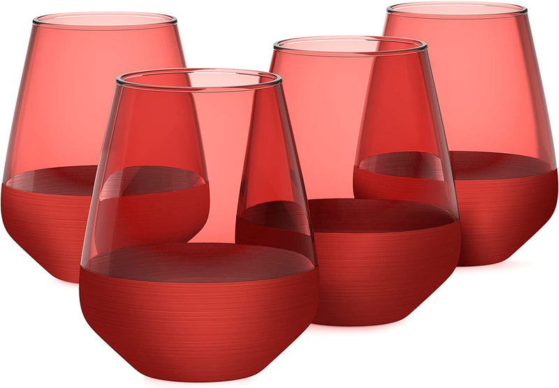 Rakle Stemless Wine Glasses – Set of 4 Red Colored Wine Glasses – 14.3Oz Colorful Wine Glasses – Lead-Free Premium Glass – Stemless Drinking Glasses for Cocktails, Wine, Bar Drinks