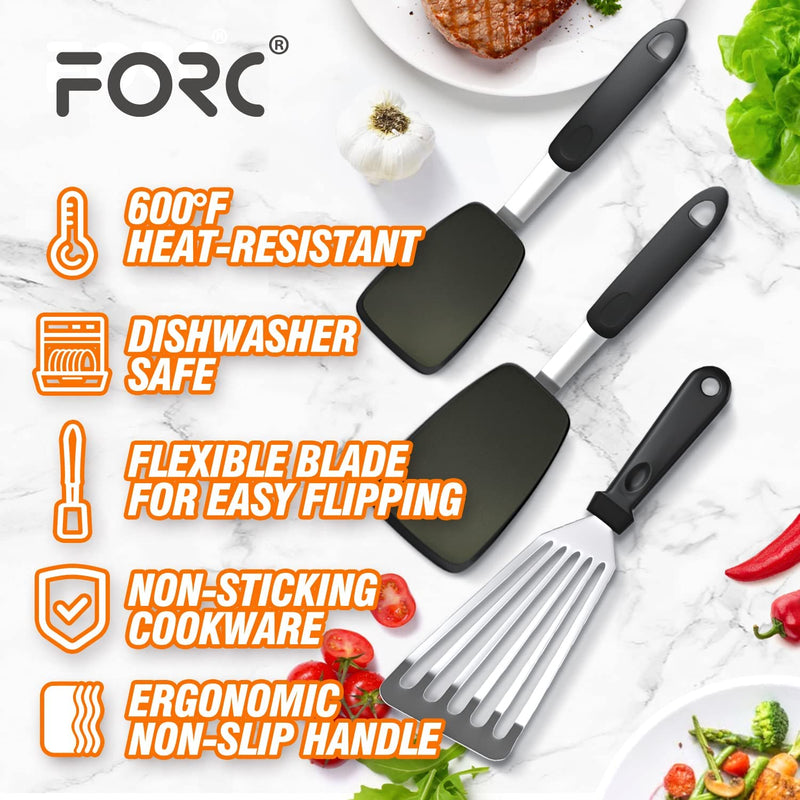 Silicone Spatula, Forc 3 Pack 600°F Heat Resistant BPA Free Nonstick Cookware Dishwasher Safe Flexible Sturdy Nonporous Spatula Set, Rubber Spatula for Flipping Eggs, Steak, Burgers, Crepes,Black