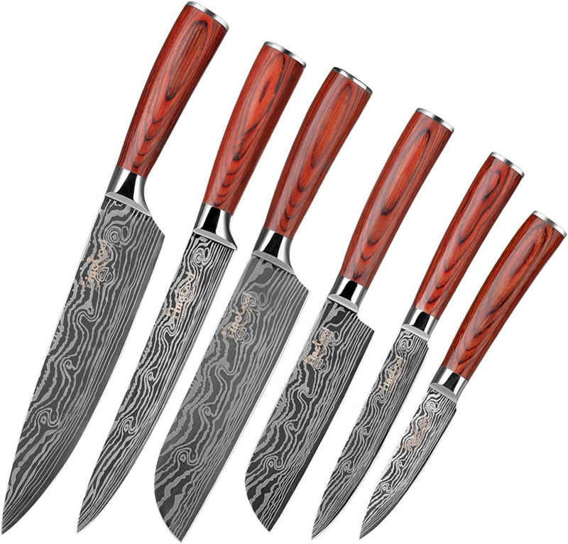 Kitchen Knife Sets, Finetool Professional Chef Knives Set Japanese 7Cr17Mov High Carbon Stainless Steel Vegetable Meat Cooking Knife Accessories with Red Solid Wood Handle, 6 Pieces Set Boxed Knife