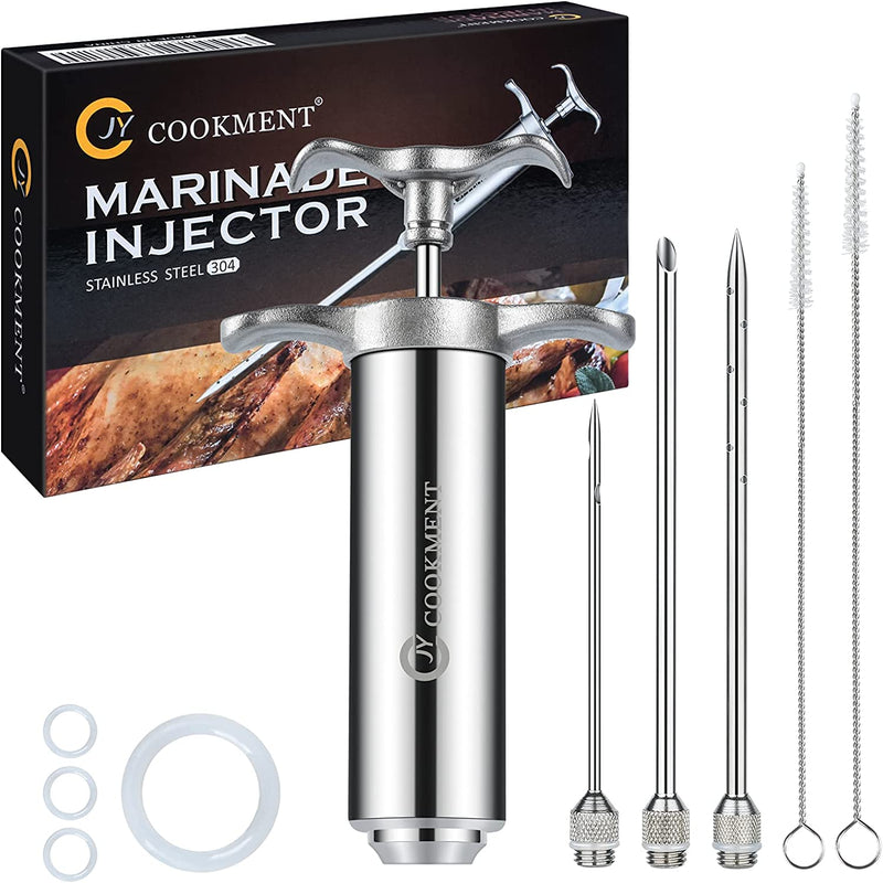 Meat Injector Syringe 2-Oz Marinade Flavor Barrel 304 Stainless Steel with 3 Marinade Needles, Travel Case for BBQ Grill Smoker, Turkey, Brisket, Paper Instruction and E-Book Included by JY COOKMENT