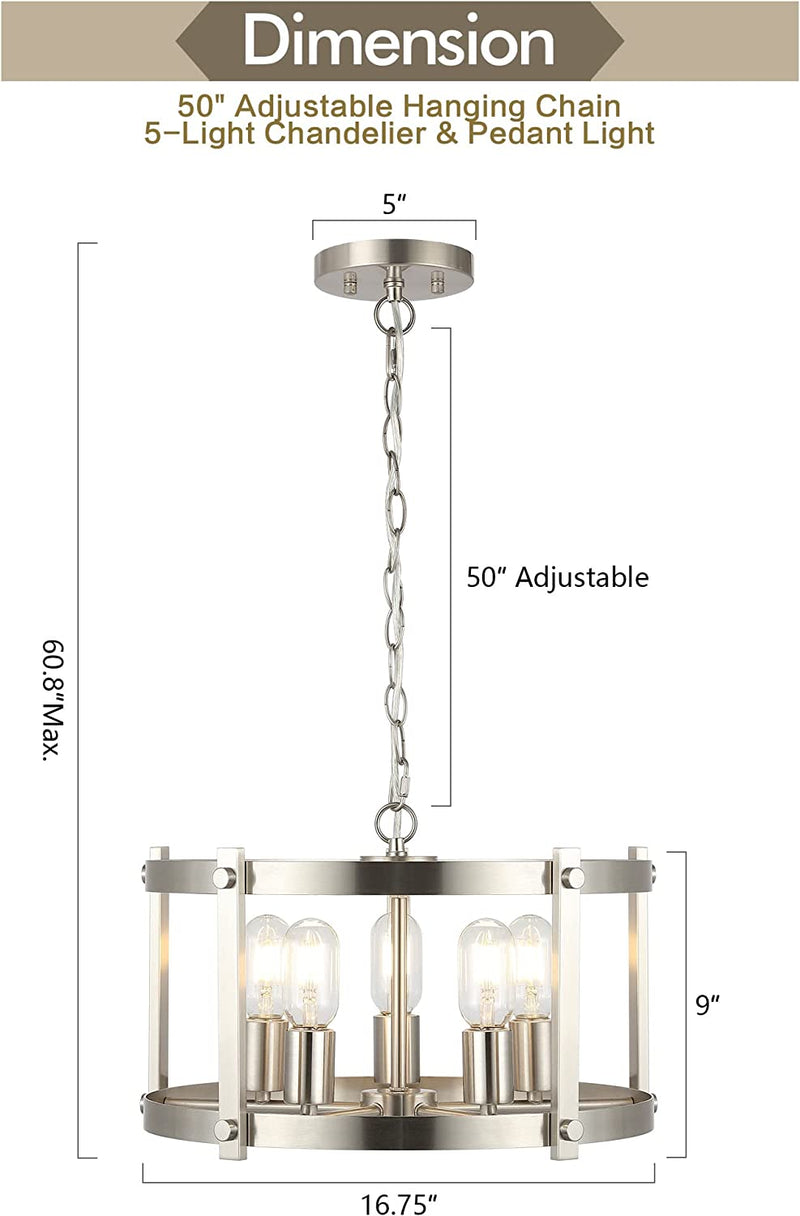 WINGBO 5-Light Farmhouse round Chandelier, Industrial Hanging Pendant Light with Metal Drum Shade, Height Adjustable for Flat and Slop Ceiling, Kitchen Island, Dining Room, Living Room, Nickel