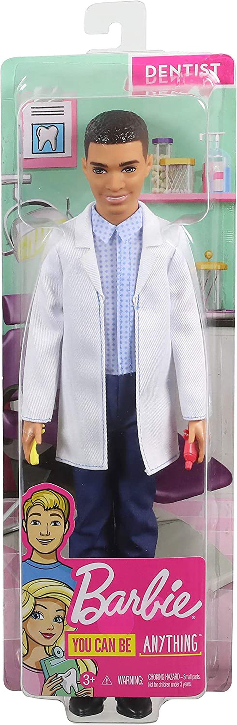 Ken Brunette Dentist Doll with Professional Dental Coat plus 2 Dental Toothbrush and Toothpaste Accessories for Ages 3 and Up