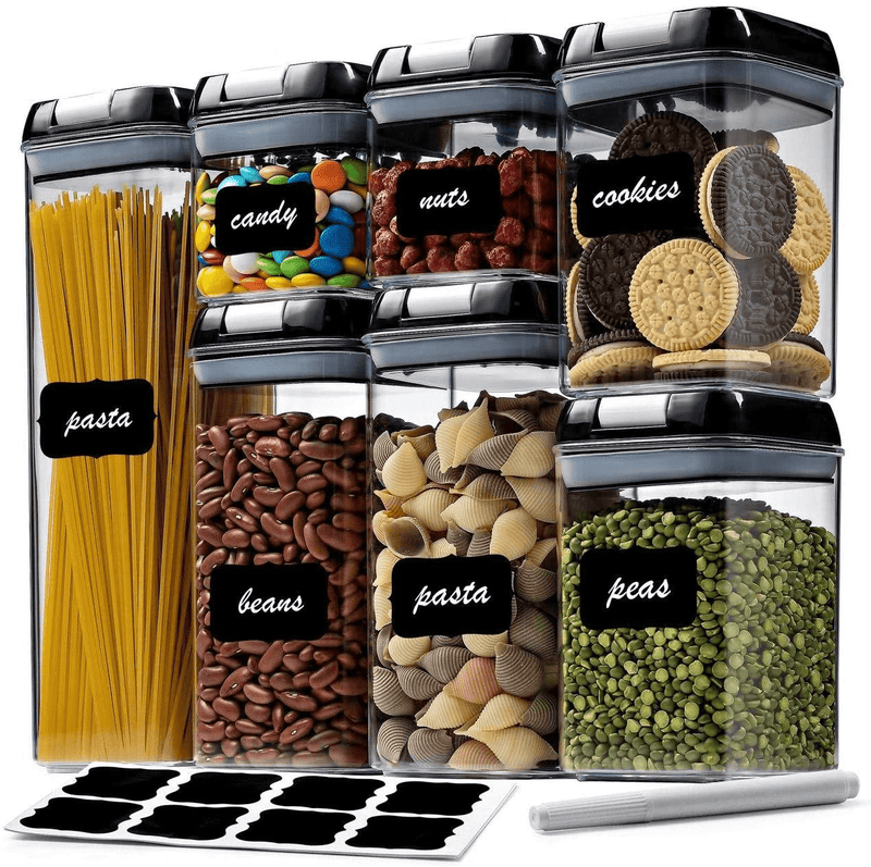 7 Pack Airtight Food Storage Container Set - Kitchen & Pantry Organization Containers - Labels & Chalk Marker - BPA Free Clear Plastic Kitchen and Pantry Organization Containers