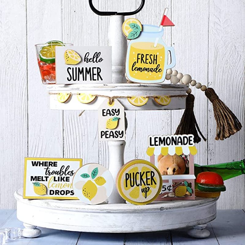 7 Pieces Tiered Tray Decor Farmhouse Tiered Tray Mini Rustic Farm Decorations Wooden Signs for Easter St. Patrick'S Day Summer Graduation Valentine'S Day Ceremony Home Decor (Lemon Style)