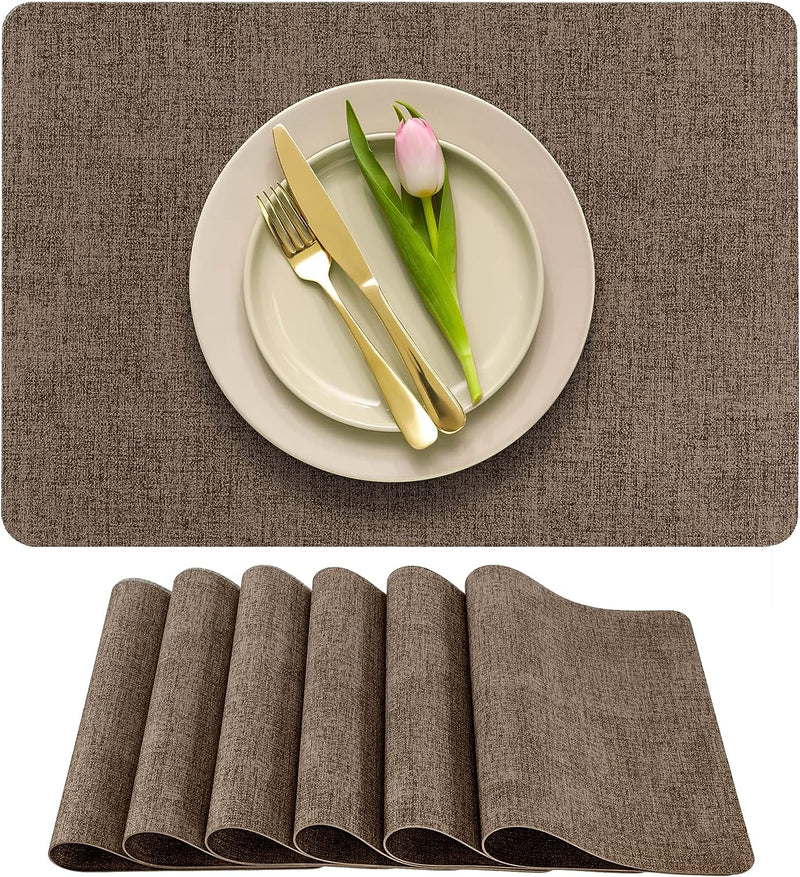 More Décor Faux Leather Placemats for Dining and Kitchen Table - Stain and Heat Resistant, Non Slip, Wipeable, Washable - Set of 6 - Brown