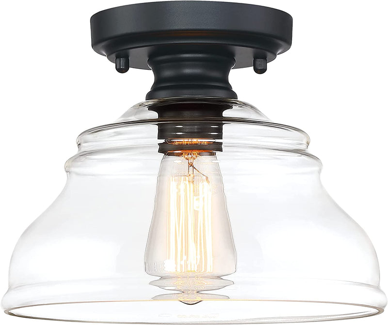 MEXO Industrial Pendant Lighting Fixture Clear Glass Shade Pendant Farmhouse 10" Close to Ceiling Lights Brushed Gold Hanging Chandelier for Hallway Bedroom, Kitchen Entryway