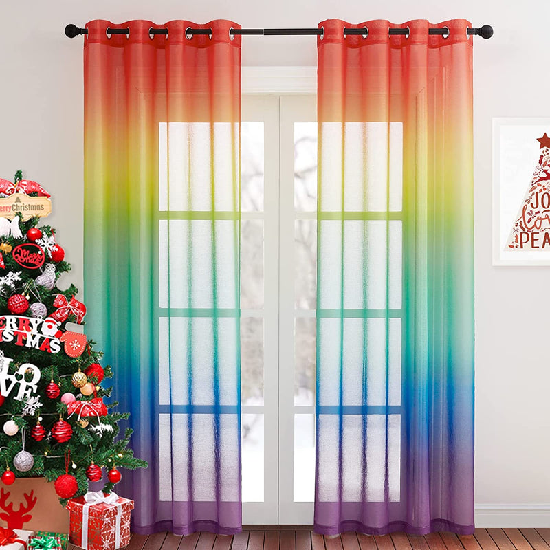NICETOWN Colorful Curtains, Rainbow Ombre Sheer Curtains for Bedroom Girls Room Decor Ombre Pattern Window Short Sheer Curtains for Girly Nursery Kids Daughter Room (55 X 63 Inch Length, Set of 2)