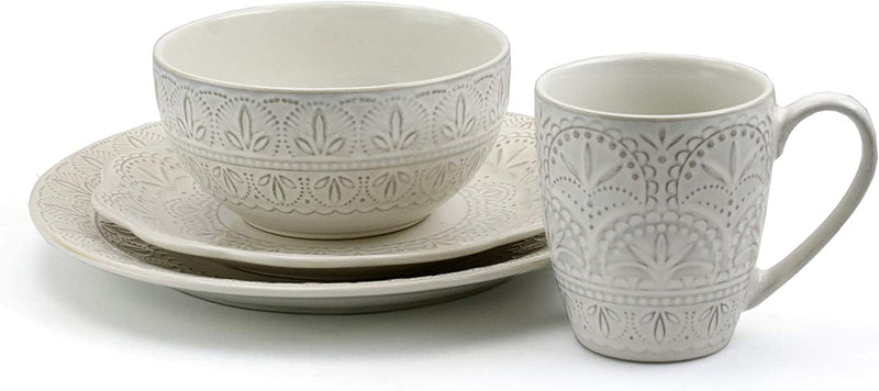 Elama Elegant round Embossed Stoneware High Class Dinnerware Dish Set, 16 Piece, White