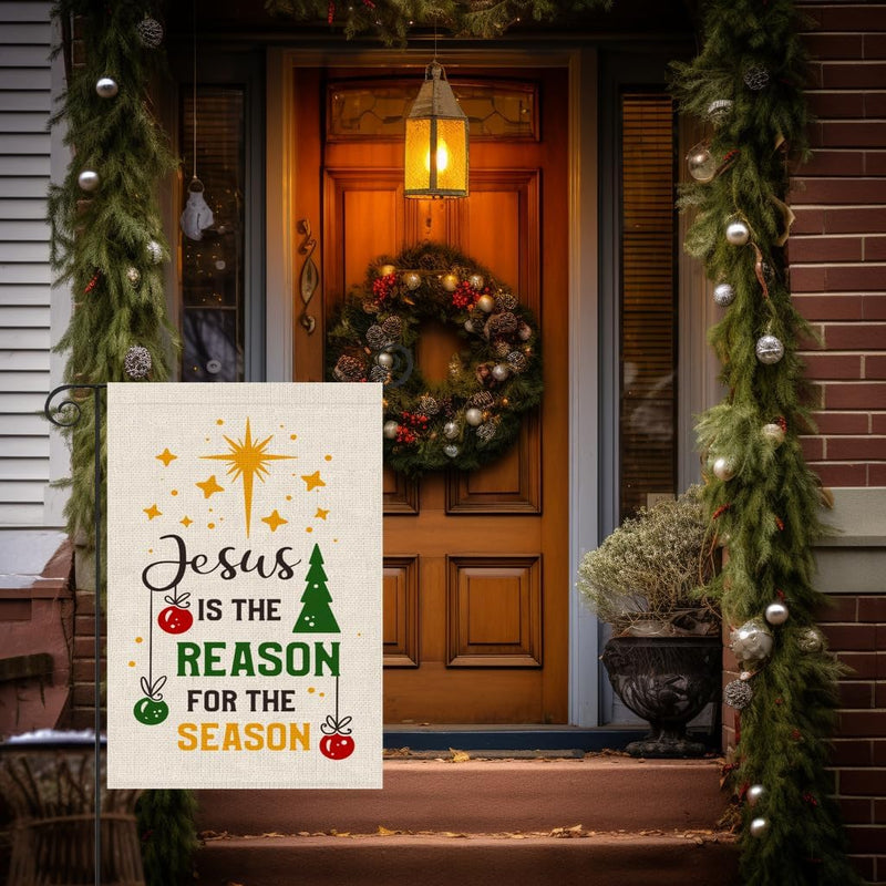 Partybuzz Religious Christmas Garden Flag Small 12X18 Double Sided Christian Jesus Is the Reaon for the Season Holiday Burlap Yard Flag Outside