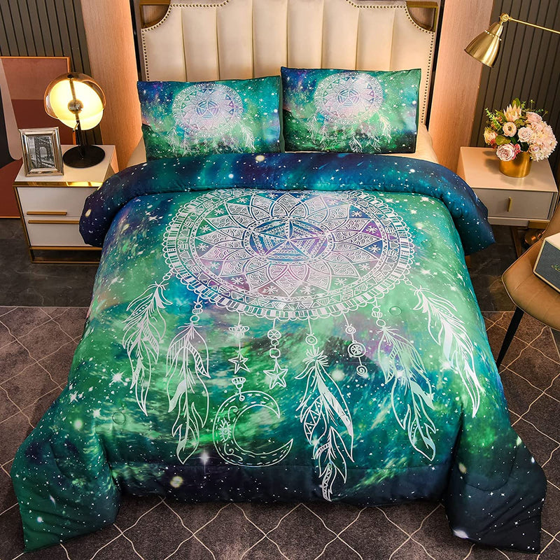 Meeting Story Teenage Girl Bedding Set Galaxy Dream Catcher Soft Comforter Set 3Pcs for Teens Girls Adults (Green, Queen)