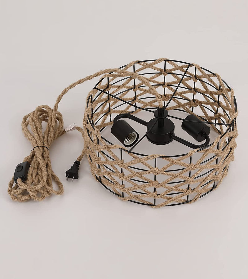 AMZASA Plug in Pendant Light Boho Woven Haning Lamp with 14.8FT Hemp Rope Cord,On/Off Switch Wicker Rattan Black Drum Cage Farmhouse Rustic Chandelier for Bedroom Living Room Dining Room