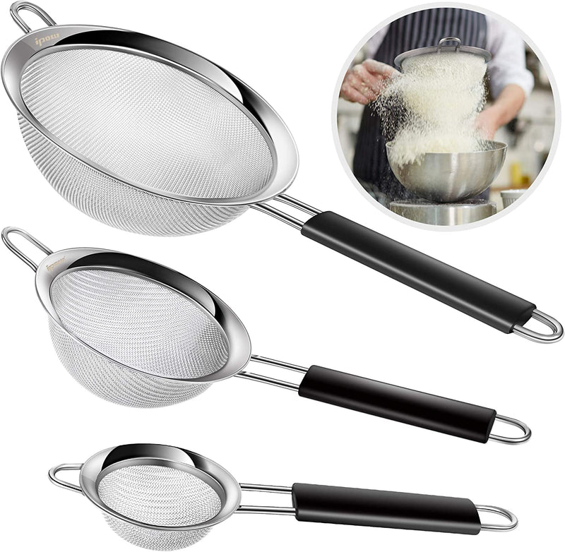 IPOW Set of 3 Stainless Steel Fine Mesh Strainer, Colander Sieve Sifters with Long Handle for Kitchen Food, Small Medium Large Size for Tea Coffee Powder Fry Juice Rice Vegetable Fruit Etc.