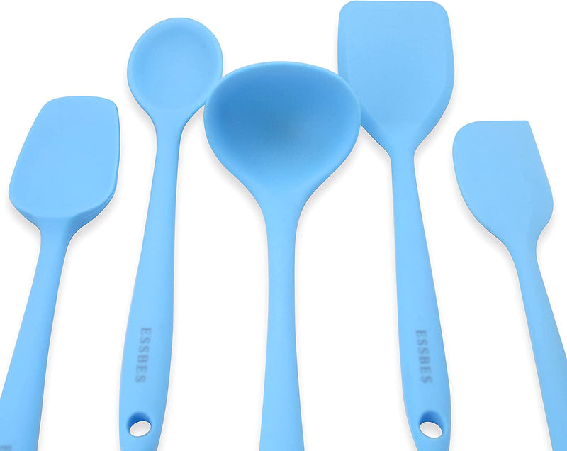 ESSBES Silicone Mini Kitchen Utensils Set of 8 Small Kitchen Tools Nonstick Cookware with Hanging Hole (Blue)