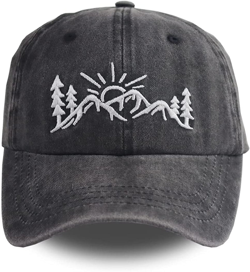 Mountain Baseball Cap for Women Men, Adjustable Embroidered Washed Vintage Retro Cotton Denim Distressed Adventure Dad Hat