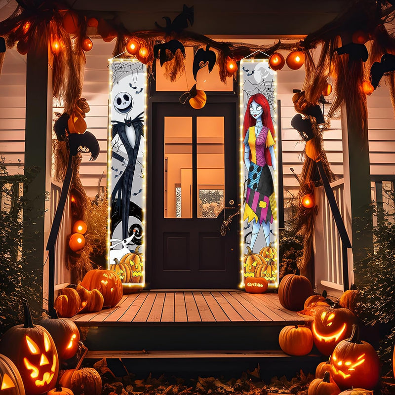 Jack Sally Lighted Banners Porch Signs Halloween Decor Christmas Nightmare Banner Halloween Decorations Outdoor Party Banner