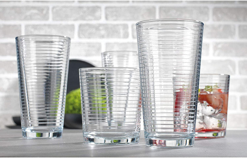 Set of 16 Heavy Base Ribbed Durable Drinking Glasses Includes 8 Cooler Glasses (17Oz) and 8 Rocks Glasses (13Oz), - Clear Glass Cups - Elegant Glassware Set