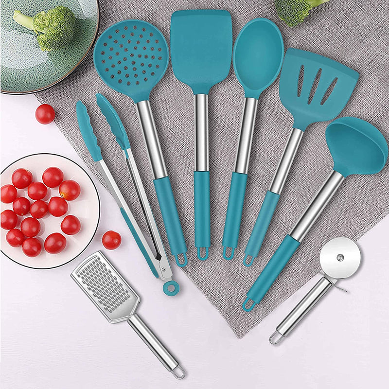 Homikit 17 Pieces Silicone Kitchen Utensils with Holder, Blue Cooking Utensils Sets Stainless Steel Handle, Nonstick Kitchen Tools Include Spatula Spoons Turner Pizza Cutter, Heat Resistant