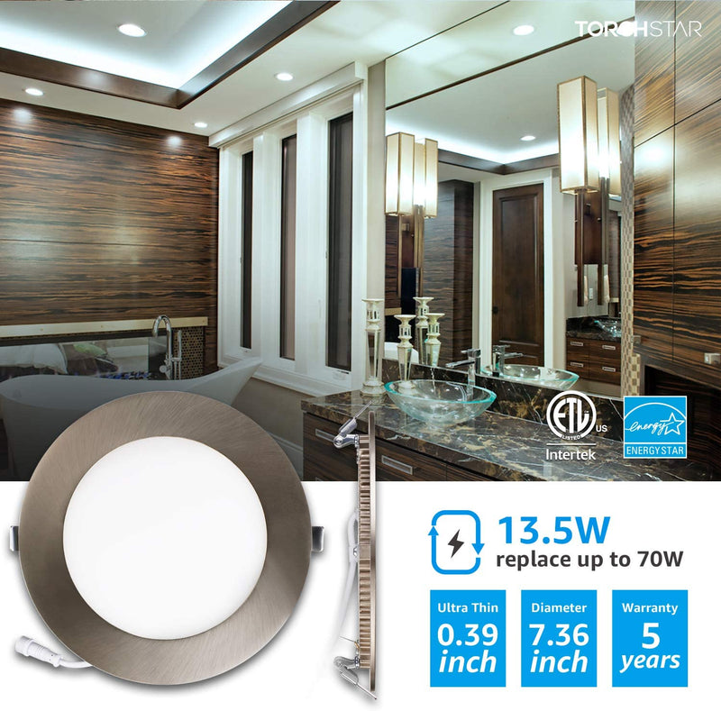 TORCHSTAR 6 Inch LED Recessed Lighting with J-Box E-Lite Series, Slim Panel Downlight Dimmable, 13.5W CRI90+, Satin Nickel, 5000K Daylight, ETL & Energy Star Listed, Pack of 6