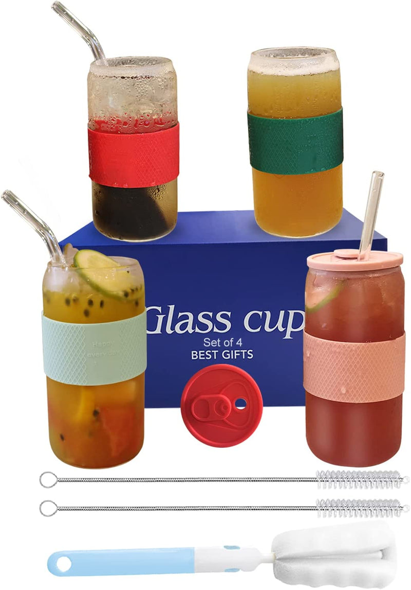 Drinking Glasses,Glass Cups-4 Set-16 Oz-Beer Can Glass with Lids and Straw- with Colorful Silicone Sleeve Beer Glasses,Iced Coffee Glasses,Top-Rack Dishwasher Safe- Gifts Essentials
