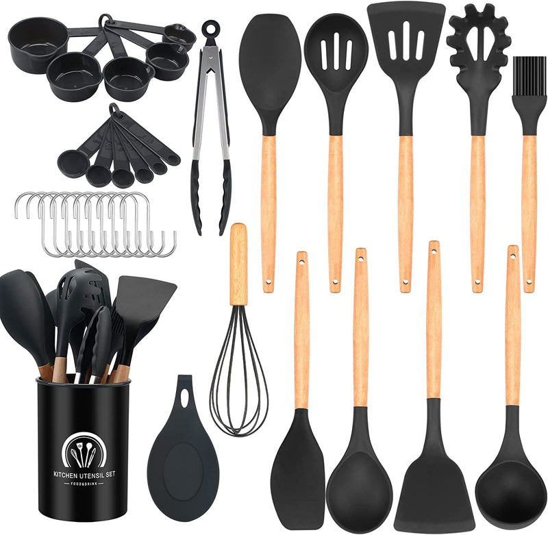 Cooking Utensils Set, Grandess 34 Pcs Wooden Handles Silicone Kitchen Utensils Set with Holder, Heat Resistant Kitchen Tools Gadgets Set with Turner Tongs, Spatula, Spoon, Brush, Whisk (Black Gray)