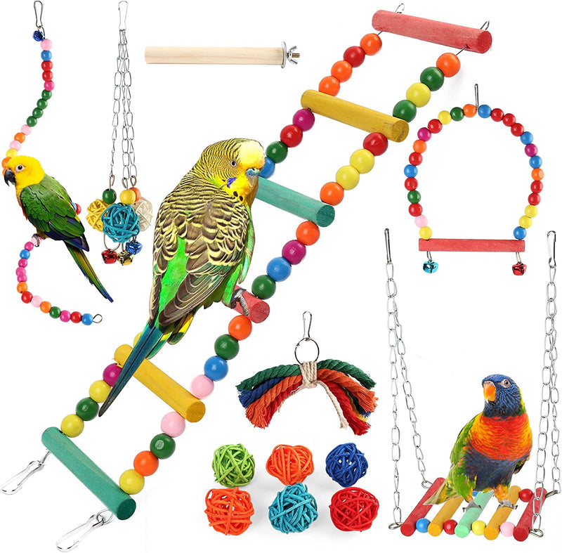 Primepets Bird Parakeet Toys, Bird Cage Swing Toys, 13 Pack, Colorful Hanging Bell Hammock Climbing Ladder Toys for Cockatiel, Conure, Finches, Mynah, Love Birds