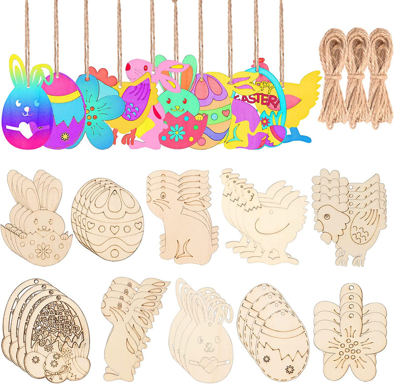 36 Pieces Summer Wood Hanging Ornaments Beach Wooden Slices with String Holiday Hawaiian Party Decorations Tropical Painted Themed Luau Party Supplies