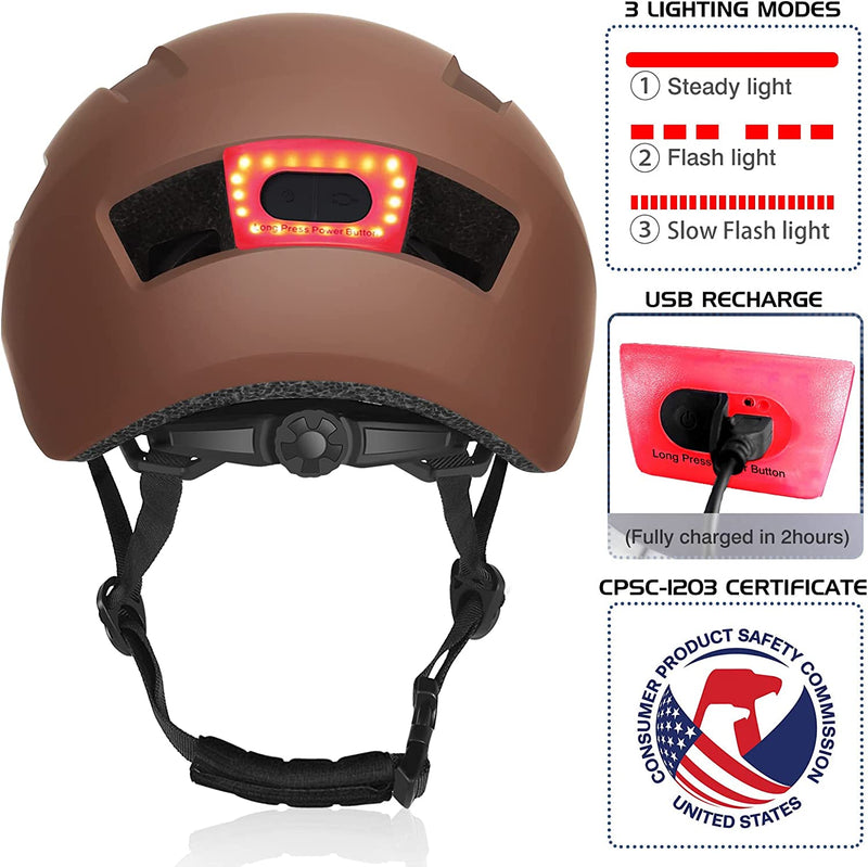 LEDIVO Adult Bike Helmet for Urban Commuter Cycling Helmet with Safty Rear Light, Adjustable Lightweight Bicycle Helmet Bike Helmet for Men Women