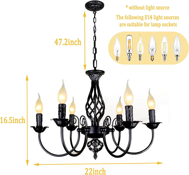 Krissake Black Farmhouse Chandeliers 6 Arm Rustic French Country Chandelier Vintage Candle Pendant Light Fixture for Dining Room Kitchen Island Bedroom, Living Room Retro Style Lighting, E14…
