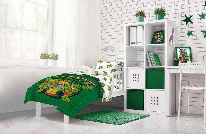 Nickelodeon Teenage Mutant Ninja Turtles Green Bricks 4 Piece Toddler Bed Set - Includes Reversible Comforter & Sheet Set Bedding - Super Soft Fade Resistant Microfiber (Official Nickelodeon Product)