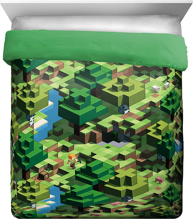 Minecraft Daytime 7 Piece Queen Bed Set - Includes Comforter & Sheet Set - Bedding Features Alex and Steve - Super Soft Fade Resistant Microfiber - (Official Minecraft Product)
