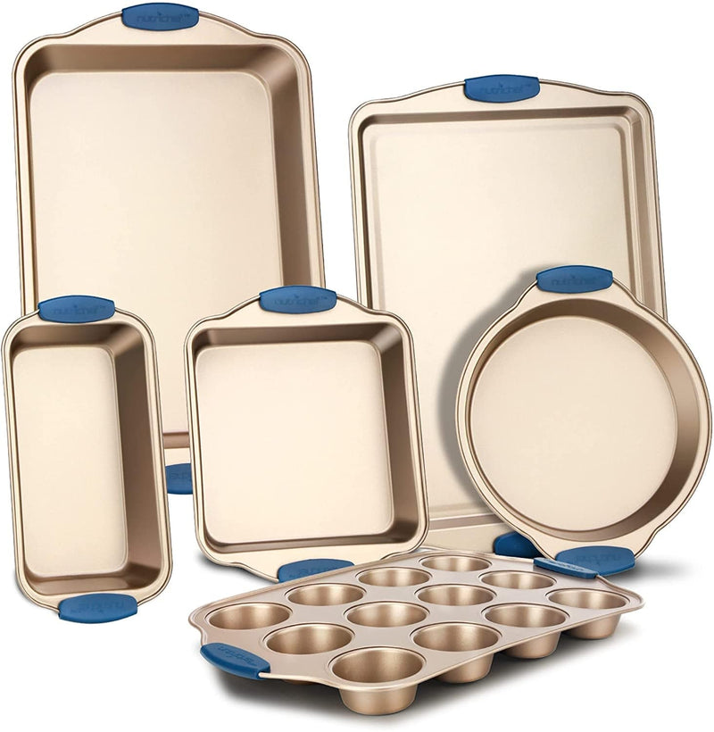 8-Piece Nonstick Bakeware Set - PFOA, PFOS, Ptfe-Free Carbon Steel Baking Trays W/ Heatsafe Blue Silicone Handles, Oven Safe up to 450°F, Pizza Loaf Muffin Round/Square Pans, Cookie Sheet