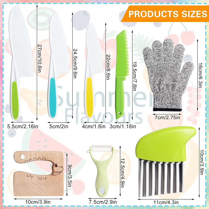 8 Pieces Wooden Kids Kitchen Knives Set for Real Cooking Include 4 Plastic Toddler Safe Knives/Crinkle Cutter/Kids Cutting Board/Y-Peeler/Resistant Gloves for Cutting Veggies Fruit Cake Salad Bread
